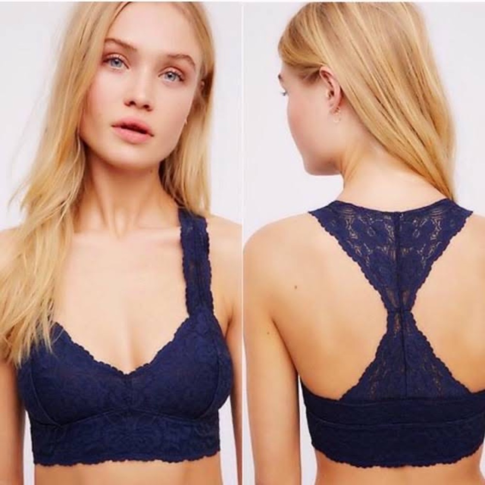 Free People Intimately Lace Racerback Bralette Size S navy blue lightly lined - Picture 1 of 4